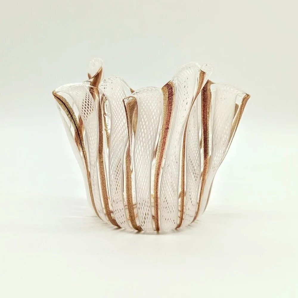 Murano Copper Aventurine White Latticino Handkerchief Glass Candle Holder